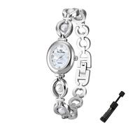 Dacdyi Reloj de pulsera dorado con perlas y piedras preciosas para mujer, resistente al agua, reloj de pulsera de cuarzo, esfera ovalada pequeña, Plateado blanco