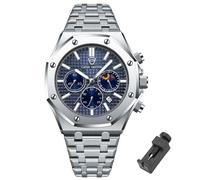 Dacdyi Relojes de lujo para hombre, octogonales, clásicos, de negocios, con ventana de fecha, impermeable, analógico, de cuarzo, correa de acero inoxidable, herramienta de ajuste incluida, plateado