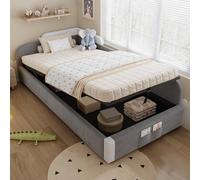 DACHETOU Cama hidráulica de 90 x 200 cm, con espacio de almacenamiento, valla suave elevada, bolsa de almacenamiento en el extremo de los pies, panel lateral derecho, terciopelo+madera contrachapada