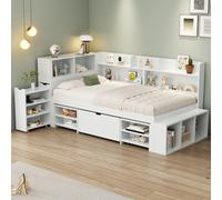 DACHETOU Cama infantil 90 x 190 cm, color blanco, con espacio de almacenamiento, cama individual con cajones y estantería, cama multifuncional con somier (sin colchón)