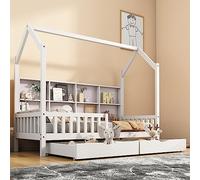 DACHETOU Cama infantil de 90 x 200 cm, color blanco, con estantería multiusos, armario de almacenamiento, dos cajones grandes, espacio de almacenamiento y forma de chimenea, sin colchón