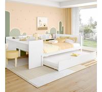 DACHETOU Cama plana de madera, color blanco, 140 x 200 cm, con escritorio, cama plegable, cama doble (sin colchón), con estantes, pino+tablero de partículas