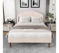 DACHETOU Cama tapizada de terciopelo de 140 x 190 cm, color beige, con somier y cabecero, cama juvenil para adultos y jóvenes, soporte de listones de madera, fácil montaje