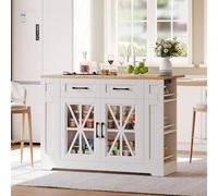 DACHETOU Isla de cocina 90 x 120 cm, con mesa de comedor plegable, estante abierto, puerta de cristal, laminado ajustable, ruedas con frenos para cocina, comedor, sala de estar y más (blanco + Natura)