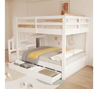 DACHETOU Litera de madera de 140 x 200 cm, cama doble blanca, con escalera de almacenamiento, perchero sencillo, rejilla de seguridad y cajón de almacenamiento, con somier, sin colchón
