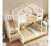 DACHETOU Litera para niños, 90 x 200 cm, parte superior, 140 x 200 cm, color blanco y aspecto de madera natural, armario para escaleras, espacio de almacenamiento, estanterías, ascenso seguro, sin