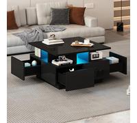 DACHETOU Mesa de centro con diseño geométrico, alto brillo, 70 x 70 x 40 cm, mesa de té, mesa de sofá, 4 cajones, mesa auxiliar, color negro, capacidad de carga total 30 kg