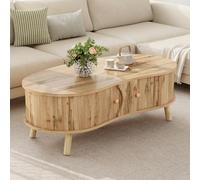 DACHETOU Mesa de centro en forma de guisante con aspecto de ranuras, 108 x 50 x 37 cm, 2 puertas correderas, mesa de salón, aspecto de madera, patas de madera maciza, material MDF, Natura