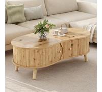 DACHETOU Mesa de centro en forma de guisante con aspecto de ranuras, 108 x 50 x 37 cm, 2 puertas correderas, mesa de salón, aspecto de madera, patas de madera maciza, material MDF, Natura