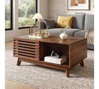 DACHETOU Mesa de centro moderna retro, 55 x 57,5 x 99 cm, mesa de altura regulable, puerta de persiana deslizante, aspecto de nogal, cuerpo de MDF, mesa de salón multifuncional
