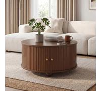 DACHETOU Mesa de centro redonda, estructura vertical en relieve, dos puertas correderas, cuerpo de MDF, asas de metal, patas de metal esféricas, cuatro compartimentos separados, nogal