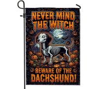 Dachshund - Bandera de jardín con diseño de calabazas espeluznantes, esqueleto, Halloween, naranja, arpillera, banderas exteriores decorativas de doble cara, para patio al aire última intervensión