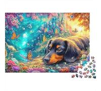 Dachshund descansa Cerca del Castillo de Hadas Lleno de Mariposas Puzzle De 1000 Piezas Perro Lindo Puzzles Clásicos para Todas Las Edades 70x50cm/1000pcs