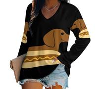 Dachshund in Hot Dog Bun con Mostaza, camisas de manga larga para mujer, estilo casual, cuello en V, blusa holgada, Estilo:, S