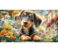 Dachshund-Puppy-in-Flowers 1000 Piezas Puzzle Educativo para Adultos Desafiante Papel Reciclado Idea 70x50/1000pcs
