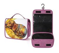 Dachshund Resting on A Yellow Crescent Moon Neceser de viaje para mujer, organizador de maquillaje colgante con gancho para champú