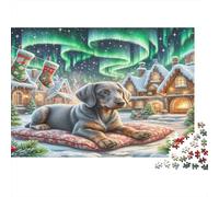 Dachshund Rompecabezas Premium de Cartón Perro Salchicha en el Pueblo Navideño con Auroras Boreales, Relleno de Calcetín Decorativo 38x26cm/1000 Piezas