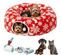 Dachshund Tunnel Bed, Christmas Dog Bed with Plush Cave & Play Ball (C) | Foldable donut tunnel bed for dachshunds and cats. Christmas snowflake plush with hanging toy ball and soft center cushion.