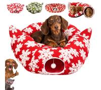 Dachshund Tunnel Bed with Cat Ears, Cat Tunnel Donut Bed and Toy Ball (A) | Adorable Donut Bed with Cat Ears, Snowflake Pattern, Hanging Toy Ball and Removable Cushion for Small Pets Who Love to Tunnel