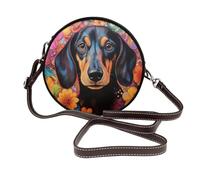 Dachund Dog - Bolso bandolera redondo de piel con diseño de flores coloridas para mujer