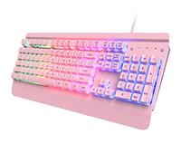 Dacoity Teclado rosa para juegos, panel totalmente metálico de 104 teclas, teclado de computadora silencioso con retroiluminación LED arcoíris, reposamuñecas, teclas PBT, teclas multimedia, teclado