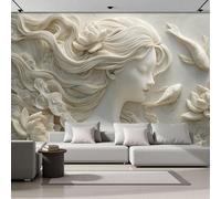 DACRWEKZ Fotomurales Relieve 3D Beige 250x175cm, Papel Tapiz Fotográfico Seda Elegancia Escuela de peces loto de mujeres, Decoración De Pared Sala Cuarto Oficina Salón