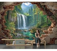 DACRWEKZ Fotomurales Seda 250x175cm - Papel Pintado Fotográfico Paisaje natural Cascada fuera del muro de ladrillos Verde Póster Niños Juvenil Salón Dormitorio Decoración Del Hogar