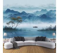 DACRWEKZ gris azulado Picos de nubes y niebla Papel Pintado para Salón y Dormitorio, Ilustración de vista al lago Decoración de Pasillo o Pared Principal, 450 x 356 cm