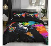 DACRWEKZ Juego Funda Nórdica 3 Piezas - Funda Nordica 230x220cm, 2 Fundas Almohada 50x75cm,Estilo de Arte Callejero Un Gorila con Auriculares, Microfibra Suave Transpirable, Negro