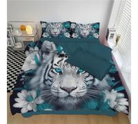 DACRWEKZ Juego Funda Nórdica 3 Piezas - Funda Nordica 230x220cm, 2 Fundas Almohada 50x75cm,Ilustraciones de Animales Flor con Cabeza de Tigre Blanco, Microfibra Suave Transpirable, Verde grisáceo