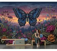 DACRWEKZ Papel Pintado Estilo de animales fantásticos 300x210cm Fotomurales Para Pared 3D, Mariposas azules entre flores Papel Tapiz Pintado En Tejido de seda Pared para Cuarto de Niño Salón Oficina