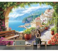 DACRWEKZ Papel Pintado Estilo mediterráneo 200x140cm Fotomurales Para Pared 3D,Bahía de la ciudad costera Papel Tapiz Pintado En Tejido de seda Pared para Cuarto de Niño Salón Oficina