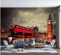 DACRWEKZ Papel Pintado Pared Panorámico Autobús Del Big Ben de Seda, Tamaño personalizado, Rojo Vista Nocturna De Londres, Póster Gigante de Pared Personalizado 3D Para Salón o Dormitorio