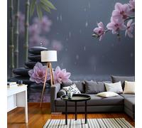 DACRWEKZ Papel Pintado Pared Panorámico Encanto zen de Seda, Tamaño personalizado, Rosa grisáceo Bosque de bambú, agua corriente, flores de loto, Póster Gigante de Pared Sala Cuarto Oficina Salón