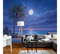 DACRWEKZ Papel Pintado Pared Panorámico Estilo costero de ensueño de Seda, Tamaño personalizado,Azul-púrpura Playa de cocoteros con luna llena, Póster Gigante de Pared Sala Cuarto Oficina Salón