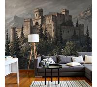 DACRWEKZ Papel Pintado Pared Panorámico Estilo de pintura al óleo retro de Seda, Tamaño personalizado,Verde parduzco Montañas del antiguo castillo, Póster Gigante de Pared Sala Cuarto Oficina Salón