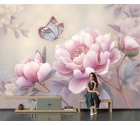 DACRWEKZ Papel Pintado Pared Panorámico Estilo retro pintado a mano de Seda, Tamaño personalizado, Rosa Mariposa de flor de peonía, Póster Gigante de Pared Sala Cuarto Oficina Salón