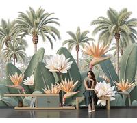 DACRWEKZ Papel Pintado Pared Panorámico Estilo tropical de Seda, Tamaño personalizado, Verde Ave del paraíso entre palmeras, Póster Gigante de Pared Sala Cuarto Oficina Salón