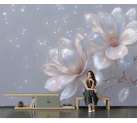 DACRWEKZ Papel Pintado Pared Panorámico Flores elegantes de Seda, Tamaño personalizado, Blanco grisáceo Flores de magnolia resplandecientes, Póster Gigante de Pared Sala Cuarto Oficina Salón