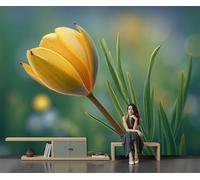 DACRWEKZ Papel Pintado Pared Panorámico Flores naturales de Seda, Tamaño personalizado, Verde Capullos de tulipán, Póster Gigante de Pared Sala Cuarto Oficina Salón