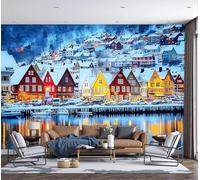 DACRWEKZ Papel Pintado Pared Panorámico Paisaje de una ciudad nórdica de Seda, Tamaño personalizado,Azul Pueblo cubierto de nieve, Póster Gigante de Pared Sala Cuarto Oficina Salón