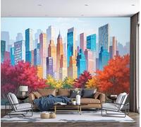 DACRWEKZ Papel Pintado Pintura al óleo de ciudad moderna 300x210cm Fotomurales Para Pared 3D, Edificios altos y árboles Papel Tapiz Pintado En Tejido de seda Pared para Cuarto de Niño Salón Oficina