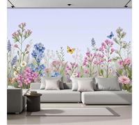 DACRWEKZ Papel tapiz fotográfico Estilo pastoral rural Flores silvestres, hierbas para mariposas 400x280cm Fondo De Pantalla XXL Moderna Decoración De Pared Sala Cuarto Oficina Salón Azul y rosa