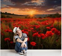 DACRWEKZ Papel tapiz fotográfico Fotografía de paisajes Campo de amapolas al atardecer 450x315cm Fondo De Pantalla XXL Moderna Decoración De Pared Sala Cuarto Oficina Salón Rojo