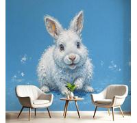 DACRWEKZ Papel tapiz fotográfico Lindo Conejo Blanco Estilo De Pintura Al Óleo 450x356cm Seda Fondo De Pantalla XXL Moderna Decoración De Pared Sala Cuarto Oficina Salón Azul Cielo
