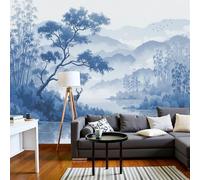 DACRWEKZ Papel tapiz fotográfico Paisaje Arte oriental Montañas, aguas, bosques de bambú. 300x210cm Seda Fondo De Pantalla XXL Moderna Decoración De Pared Sala Cuarto Oficina Salón azul