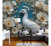 DACRWEKZ Papel tapiz fotográfico Paisaje Estilo de lujo Pavos reales y flores 200x140cm Seda Fondo De Pantalla XXL Moderna Decoración De Pared Sala Cuarto Oficina Salón azul