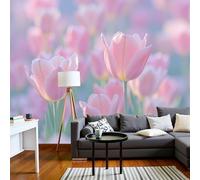 DACRWEKZ Papel tapiz fotográfico Paisaje Primavera de ensueño campos de tulipanes 450x356cm Seda Fondo De Pantalla XXL Moderna Decoración De Pared Sala Cuarto Oficina Salón rosa claro