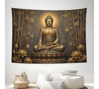 DACRWEKZ Tapiz decorativo de apartamento 100 x 70cm,Creencias religiosas Estatua de Buda, Loto, Bambú diseño de pared de tela, accesorios para Oración Sala de Estar en Casa, Oro