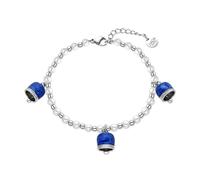 Dada Gioielli - Pulsera de Acero Inoxidable para Mujer con Perlas de Cristal de Mallorca y 3 colgantes en forma de Campana, Pulsera de color Plata Buena Suerte, 17+3 cm, Azul